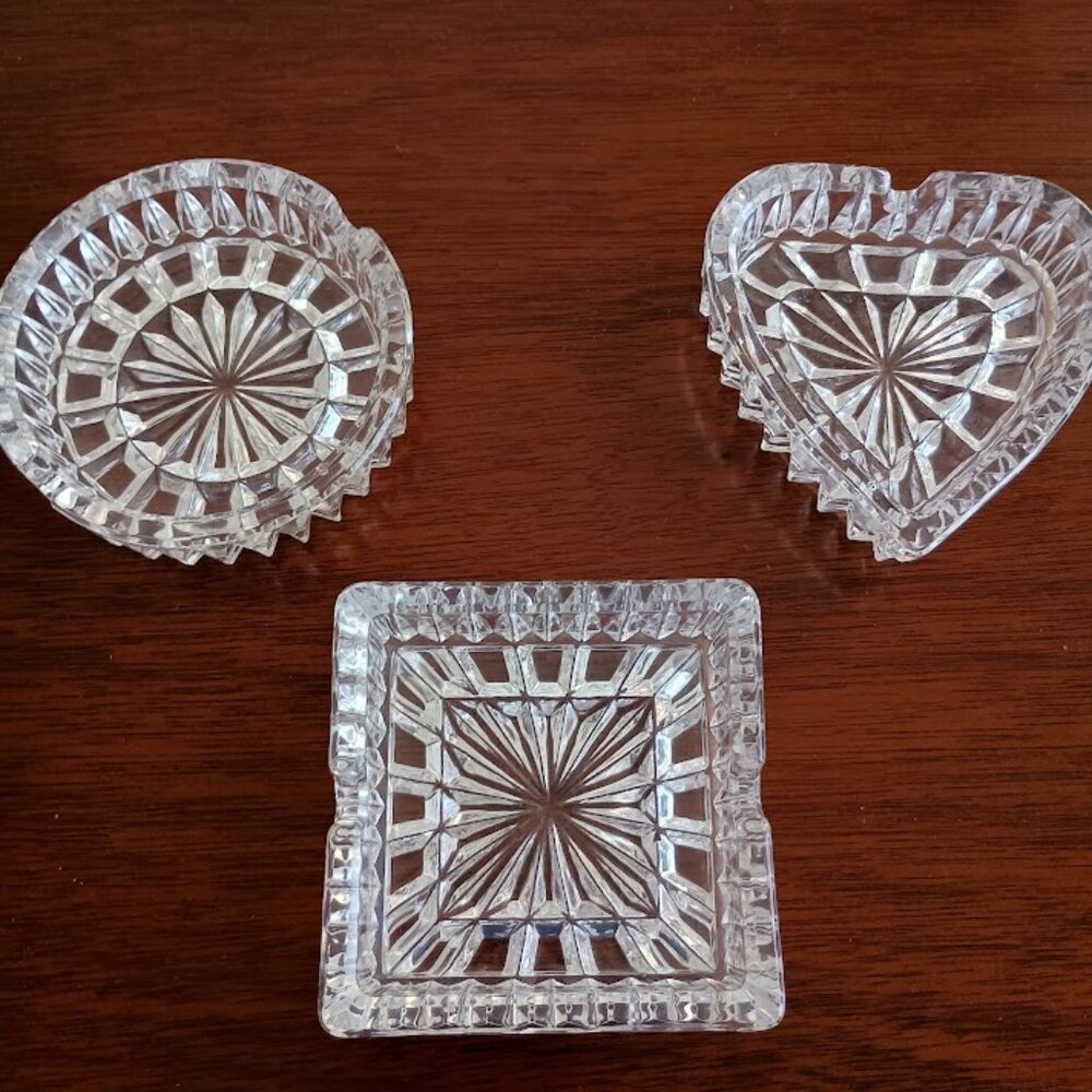 Set of Three Different Shaped Vintage Crystal Ashtrays